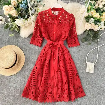 

Autumn 2019 New Women's Crowd Hollow Half Sleeve High Waist Thin Lace A-line Elegant Dress Lady Vestidos De Fiesta J851