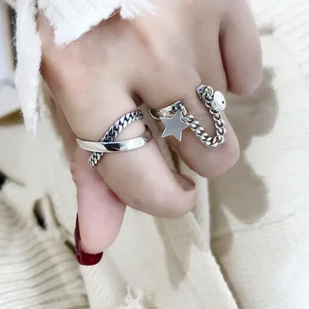 

Fashion Tassel Chian Stars Rings Set for Women 925 Sterling Silver Couples Ring Vintage Weaving Cross Geometric Hiphop Ring Gift