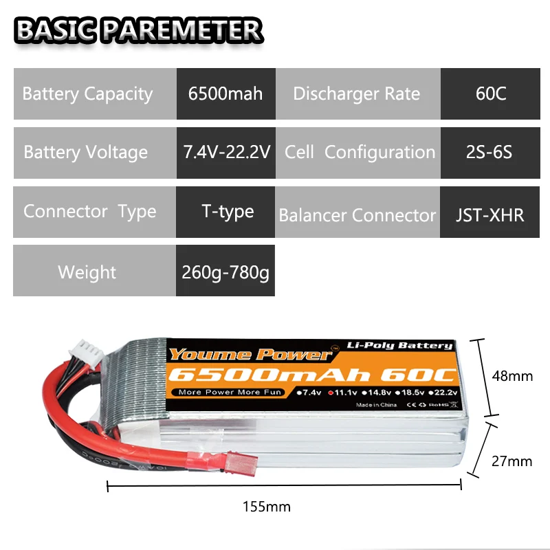 YOUME RC Lipo 2S 3S 4S Батарея 5S 6S 7,4 V 11,1 V 14,8 V 18,5 V 22,2 V 6500 мА/ч, 60C XT60 для Traxxas слэш X-Max с видом от первого лица 450 500 лодка