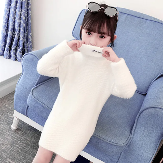 Rlyaeiz/зимний свитер с высоким воротником для девочек; детская одежда; осень г.; милый трикотажный пуловер с длинными рукавами; вязаные детские свитера - Цвет: white