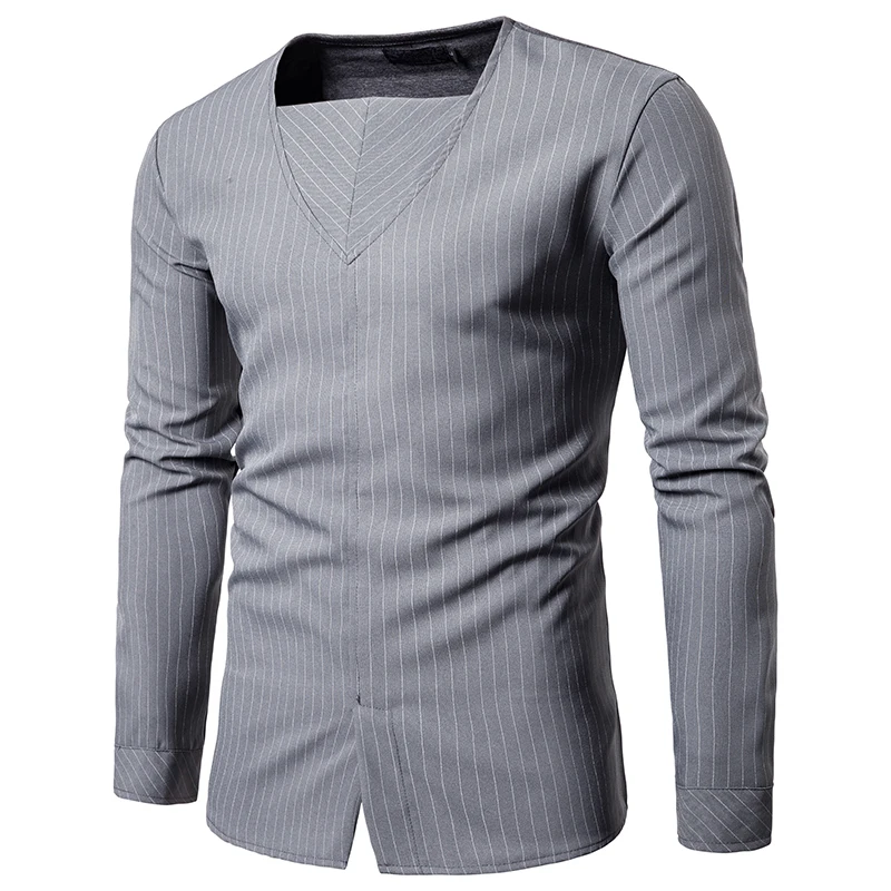 Casual Solid Long Sleeve Shirt Men Slim Fit Shirt Youth Fashion Mens Shirts Striped Square Neckline Shirt - Цвет: Серый