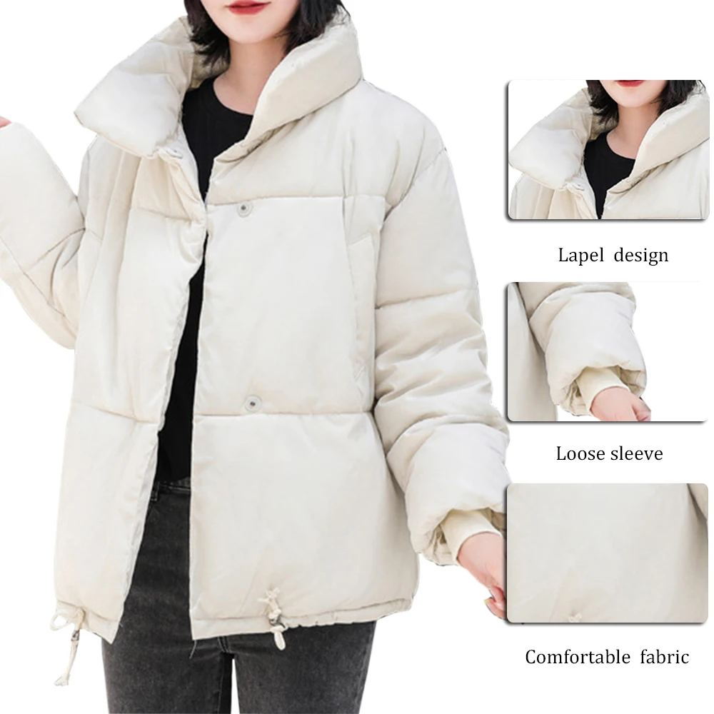 Зимняя куртка, женское свободное теплое пальто, мода, новинка, стоячий воротник, одноцветное пальто, женское короткое пуховое пальто, большие размеры, для женщин s