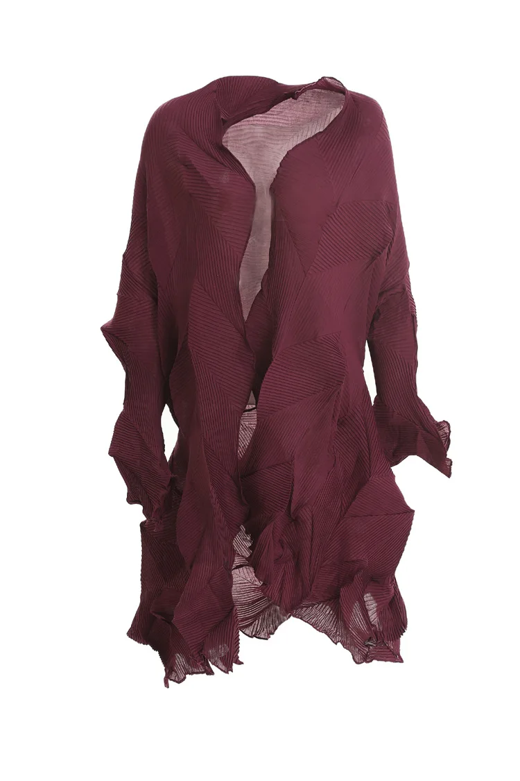 Purple Асимметричное гофрированное пальто Miyake морщин, однотонная открытая стежка, Женская куртка, длинный рукав, отложной воротник, ветровка, Новинка осени - Цвет: Purple
