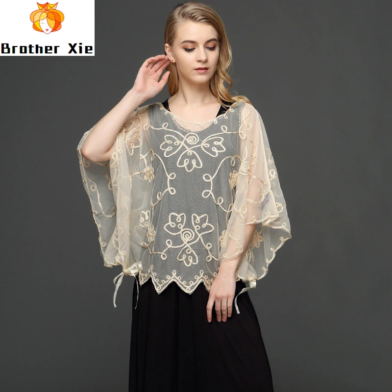 

2020 New Women Loose Oversized Thin Mesh Embroidery Floral Casual Jacket See-through Lace Feminino O Neck Pullover Shrug