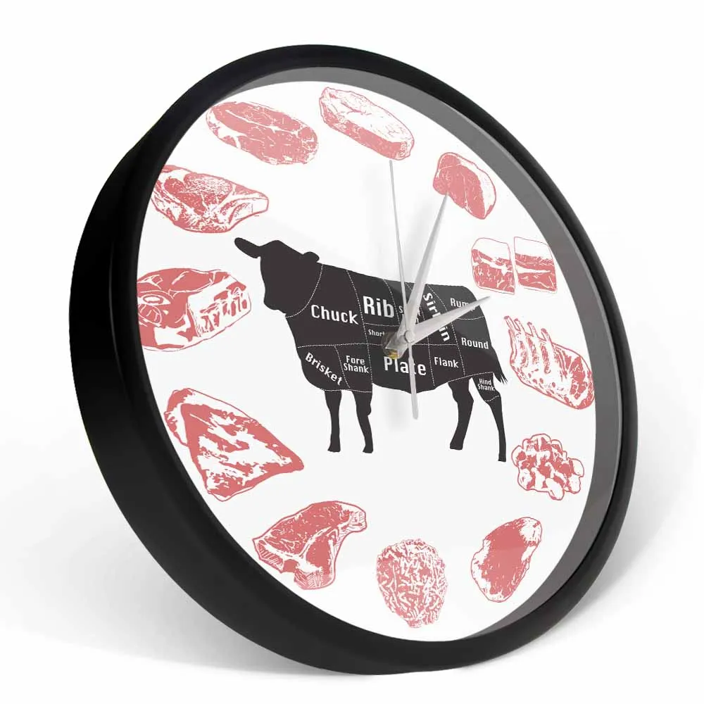 Angus Beef Chart Minimalist Wall Clock Steak House Farmhouse Kitchen Wall Art Silent Quartz Clock Cow Meat Cut Butcher Art Clock 5