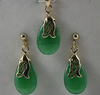 

Free Shipping green jade drop Pendant Necklace Earring women's jewelry set Fashion Wedding Party Jewellery