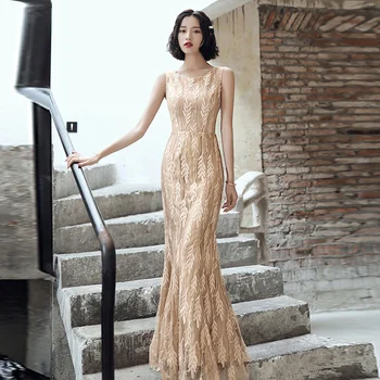 

AE768 Plus Size 2020 Sequined Evening Dresses Lace Mermaid O-Neck Elegant Women Formal Party Long Dresses
