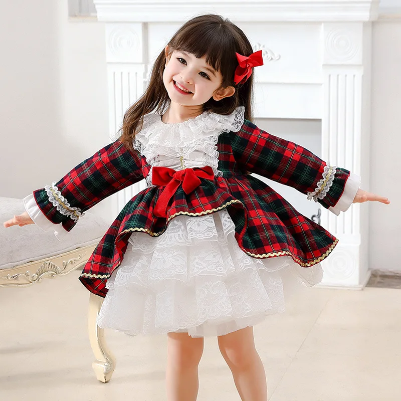 

Winter Christmas Dress for Girls Kids Red Plaid Lace New Year Costume Children Princess Lolita Dress Birthday Wedding Dresses