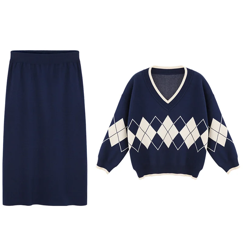 Модный свитер с геометрическим узором, свободный свитер с v-образным вырезом, джемпер+ миди-юбка с высокой талией, женский осенний зимний вязаный пуловер, юбка, костюмы