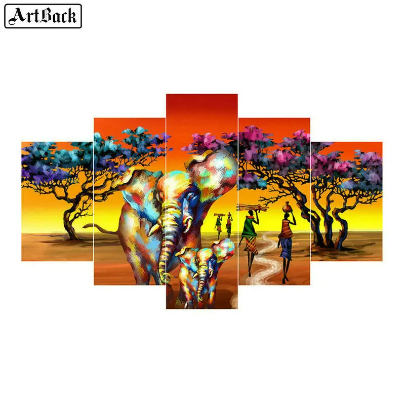 

Five spell diamond painting elephant African autumn landscape full square 5d diamond mosaic embroidery living room decorative