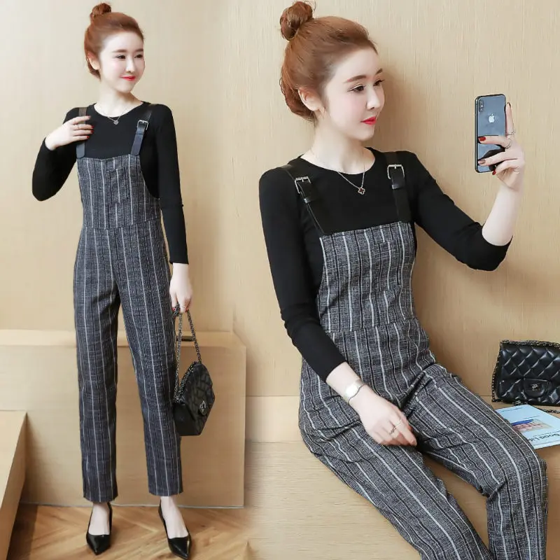 

Hipster Plaid Suspender Pants Women's 2019 Spring Students Onesie Online Celebrity Trousers Loose-Fit Laziness-Style Set