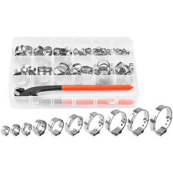 

100Pcs 304 Stainless Steel Single Ear Hose Clamps 10 Sizes with Ear Clamp Pincer 6-28.6mm Stepless Hose Clamps
