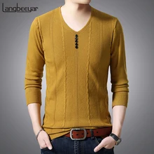 Новинка, модные брендовые мужские свитера, пуловер с v-образным вырезом, облегающие жаккардовые Джемперы, вязанные зимние, корейский стиль, повседневная одежда для мужчин