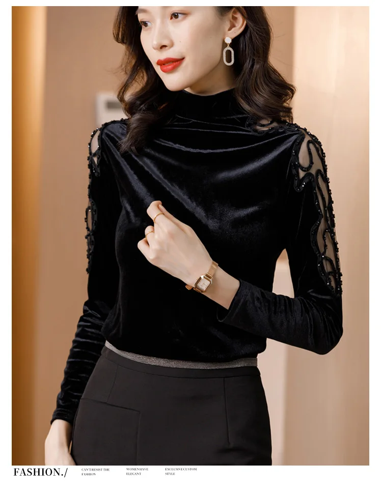 New 2020 Autumn winter woman tshirts Korean fashion slim high neck velvet t-shirt embroidered long sleeve bottoming shirt