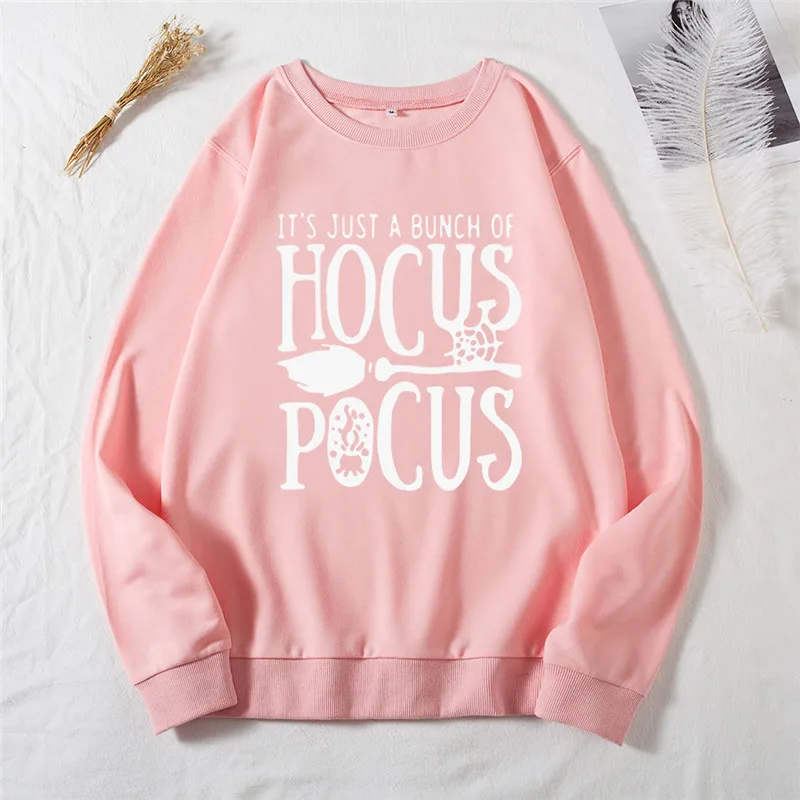 Hocus Pocus Print Hoodie Plus Szie Halloween Hoodies Women Crewneck Sweatshirt Women Long Sleeve Shirt Female Winter Pink Tops