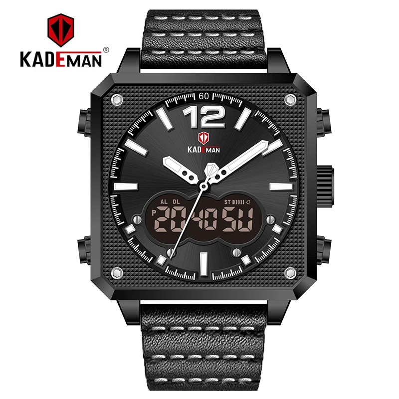 black white Топ люксовый бренд KADEMAN Мужские Аналоговые Цифровые спортивные часы из натуральной кожи квадратной формы кварцевые часы Relogio Masculino K9038 - Цвет: black white