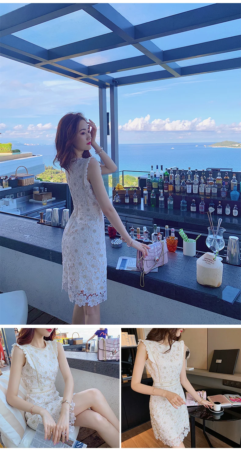 Women Lace Embroidery Dresses For Party 2021 Women'S Summer New Temperament Slim Round Neck High Waist Fashion Dress Office Lady