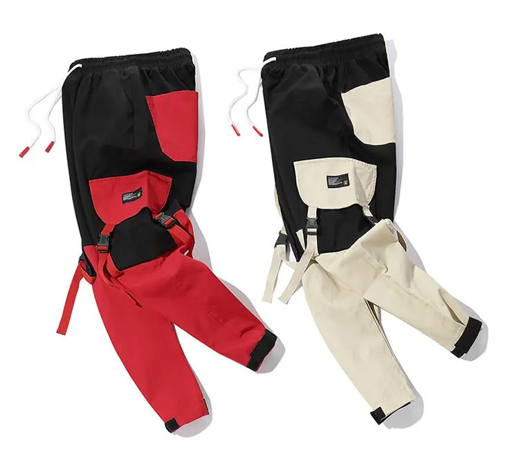 Мужские осенне-зимние черные и красные лоскутные брюки-карго в стиле хип-хоп в японском стиле, мужские винтажные джоггеры с карманами в стиле панк, повседневные спортивные штаны
