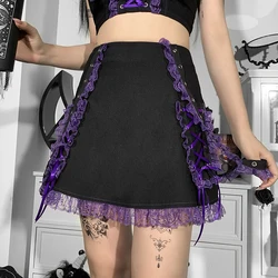 Gótico escuro academia cor contraste alças de renda cintura alta curta saia plissada sexy streetwear feminino mini saia roupas verão