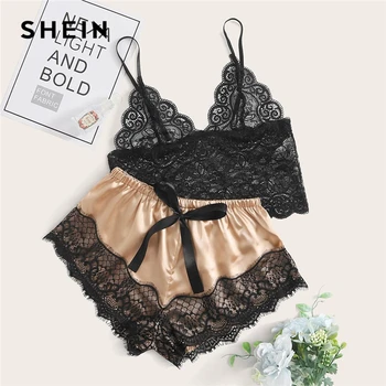 

SHEIN Multicolor Floral Lace Longline Bralette With Satin Shorts Lingerie Set Women Summer Intimates Colorblock Sexy Sets