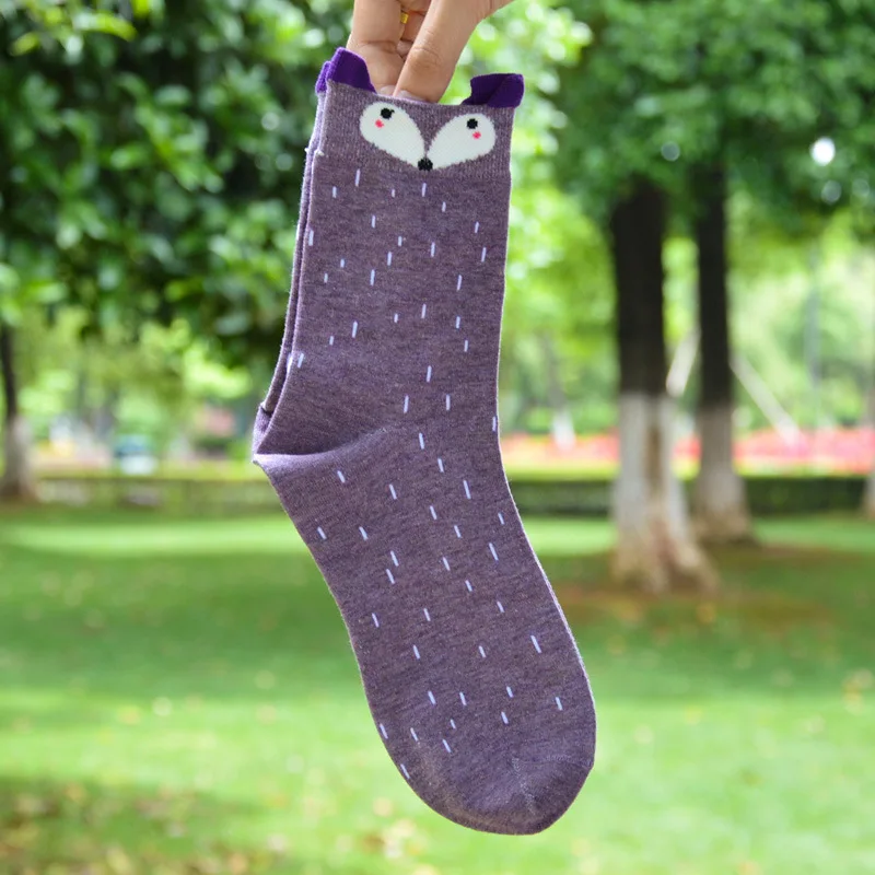 Funny Kawaii Korean Style Fox Pattern Women Cotton Crew Socks Cute Harajuku Gift for Girl Cartoon Animal Casual Purple Designer - Color: purple fox socks