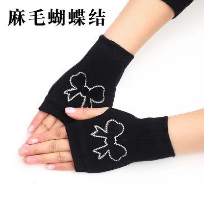 Sailor dance gloves Rivet wool gloves spring and autumn black half-finger gloves show gloves bowknot-B