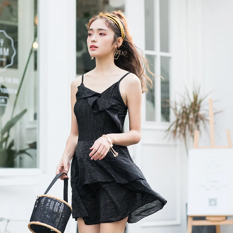 

South Korea New Style Pleated Flounced Bathing Suit-Style Strapped Dress-One-piece Swimwear Black And White with Pattern Waist H