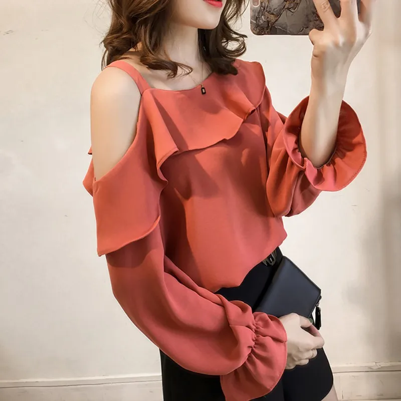 

Cold Shoulder Top Ruffles Women Loose Beach Autumn Sweet Chiffon Blouse Elegant Solid Ladies Blouse Butterfly Full Sleeve