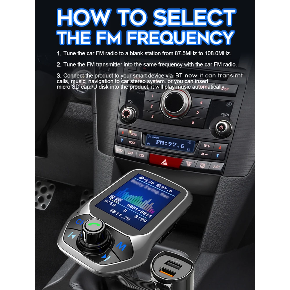 Экран FM передатчик Автомобильный MP3 беспроводной Bluetooth громкой связи автомобильный комплект аудио AUX модулятор с QC3.0 двойной USB зарядкой T43