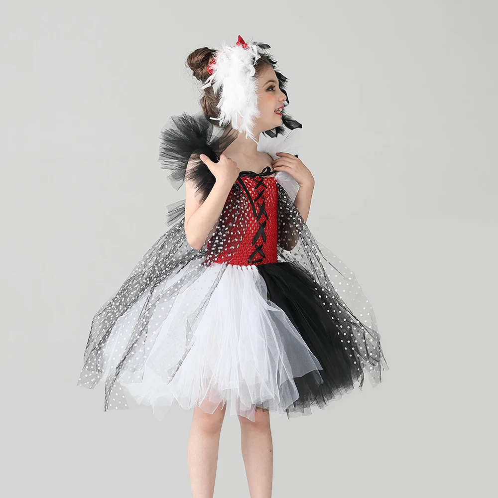 Evil Madame Cruella De Ville Kids Tutu Costume Dalmatians Girls Halloween Fancy Tutu Dress with Headband Polka Dot Girl Outfit (2)