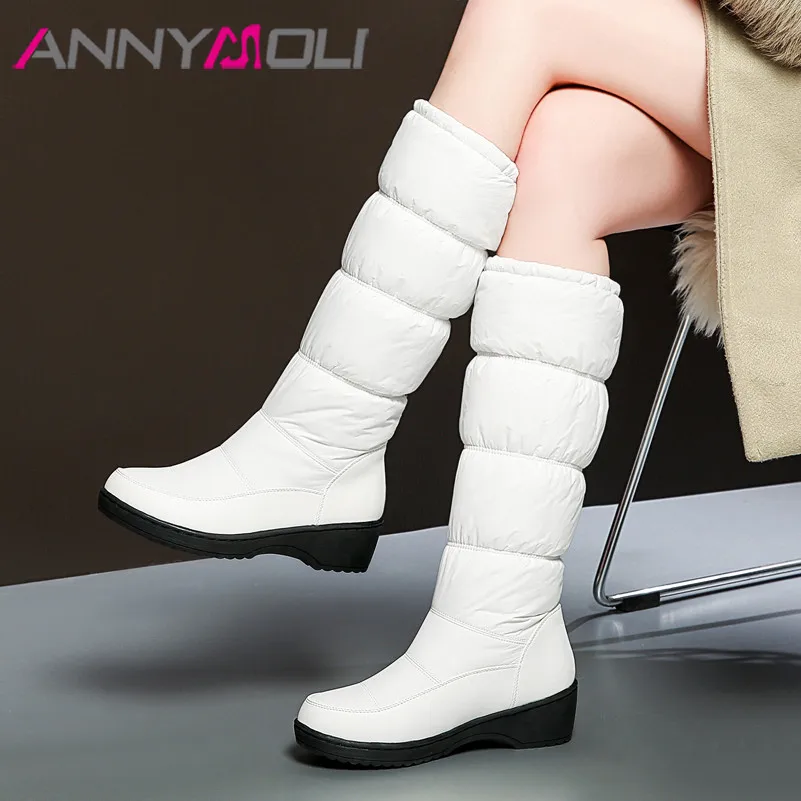 

ANNYMOLI Winter Fur Snow Boots Women Shoes Platform Mid Heels Long Boots Round Toe Wedge Heel Warm Knee High Boots Lady Beige 44