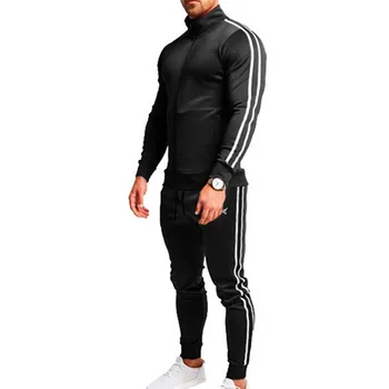 

2020 New Mens Side Striped Zip Long Sleeve Top Drawstring Sweatpants 2 Pieces Sets Male Spring Autumn Sports Suits