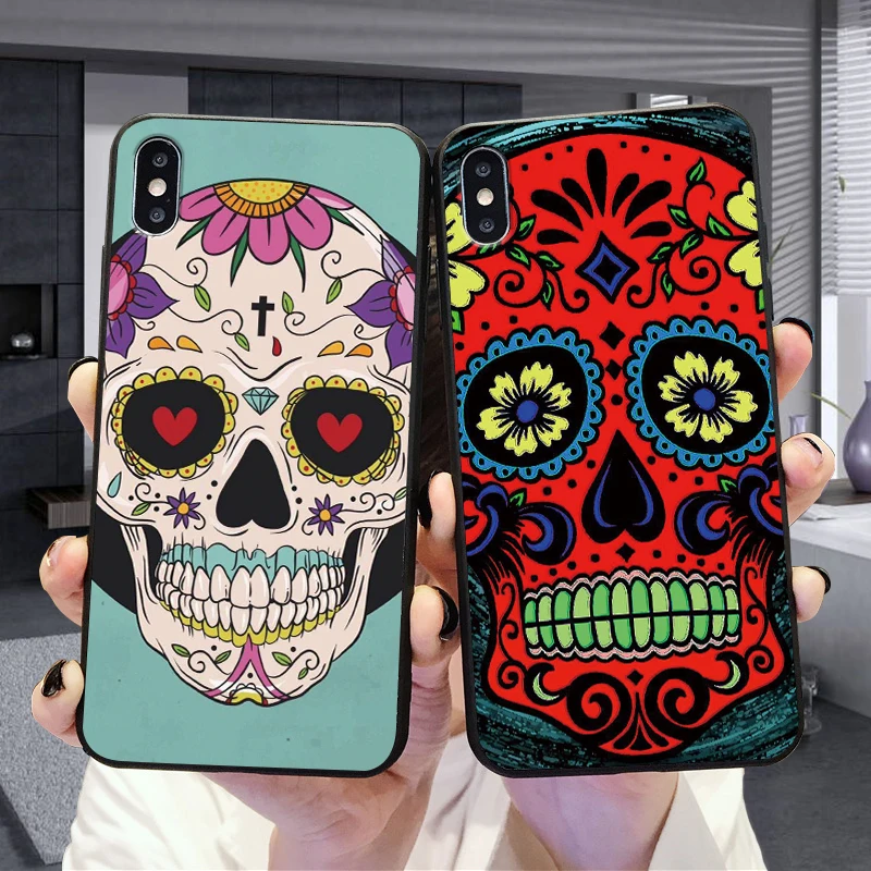 Чехол для телефона для Iphone XS Max XR X 8 7 6 6S Plus 11 Pro 5 s SE, силиконовая задняя крышка из ТПУ с цветочным принтом и сахарным черепом