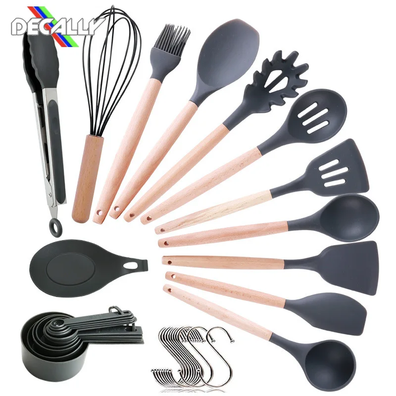 

Kitchen Tools Accessories Supplies Kitchen Silicone Wood Cooking Spoon Spatula Ladle Egg Beaters Utensils Dinnerware Set