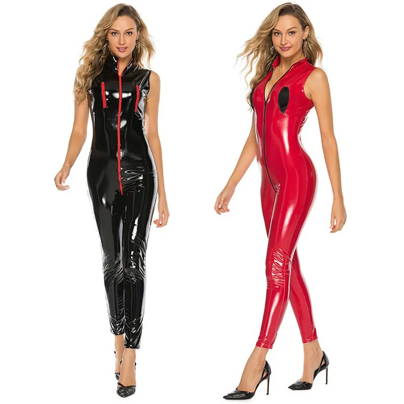 

Sexy Lingerie Leather Jumpsuit Female Bodysuit Plus Size Erotic Latex Catsuit Women Bodycon Leotard Open Crotch Double Zipper