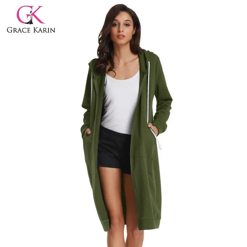 

Grace Karin Women's Casual Long Sleeve Pockets Zip up Hoodies Tunic Sweatshirt Long Hooded Jacket Long Coat Hoodie Outwear 2019