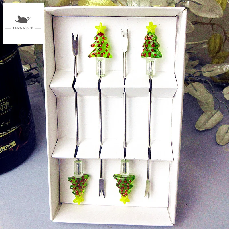 

Handmade murano glass christmas tree Figurine fruit fork set miniature tableware stainless steel Cocktail Cake dessert sticks