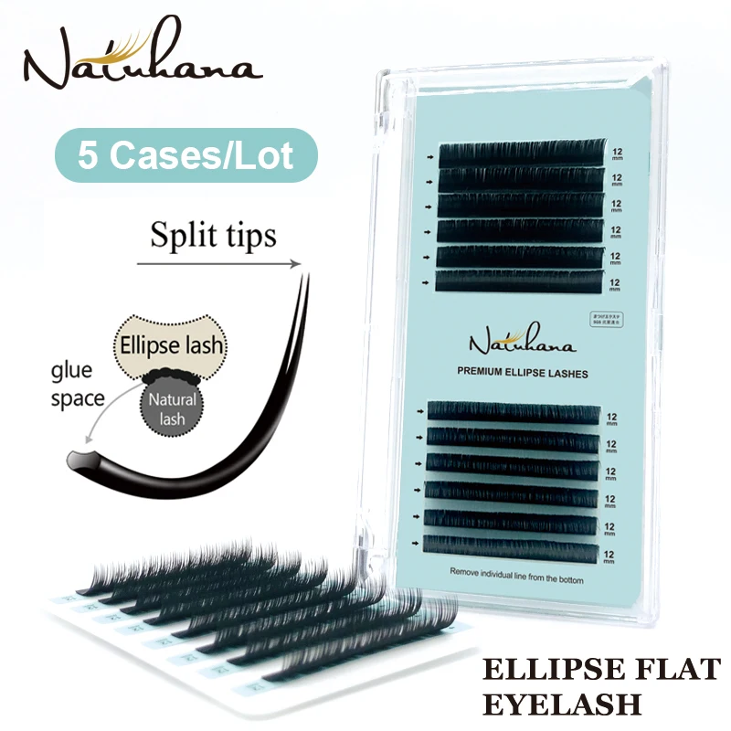 

NATUHANA 5Cases/Lot Matte Black Flat Eyelashes Extension Mink Ellipse Eyelash False Lashes Split Tips Natural Light Soft Lash