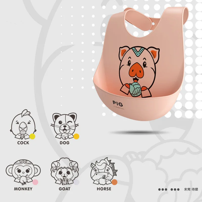Djustable Baby Edible silicone Bibs Chinese Zodiac Auspicious Pattern Printed Bib For Dinner Oil-proof  Saliva 0-5Years Old Baby
