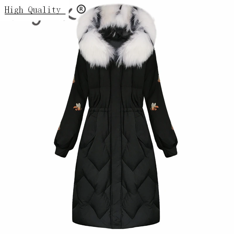

Winter Black Female Jacket + Raccoon Fur Hooded Korean Thick Warm Duck Down Jacket Ladies Slim Long Pink Coat Hiver Y1836