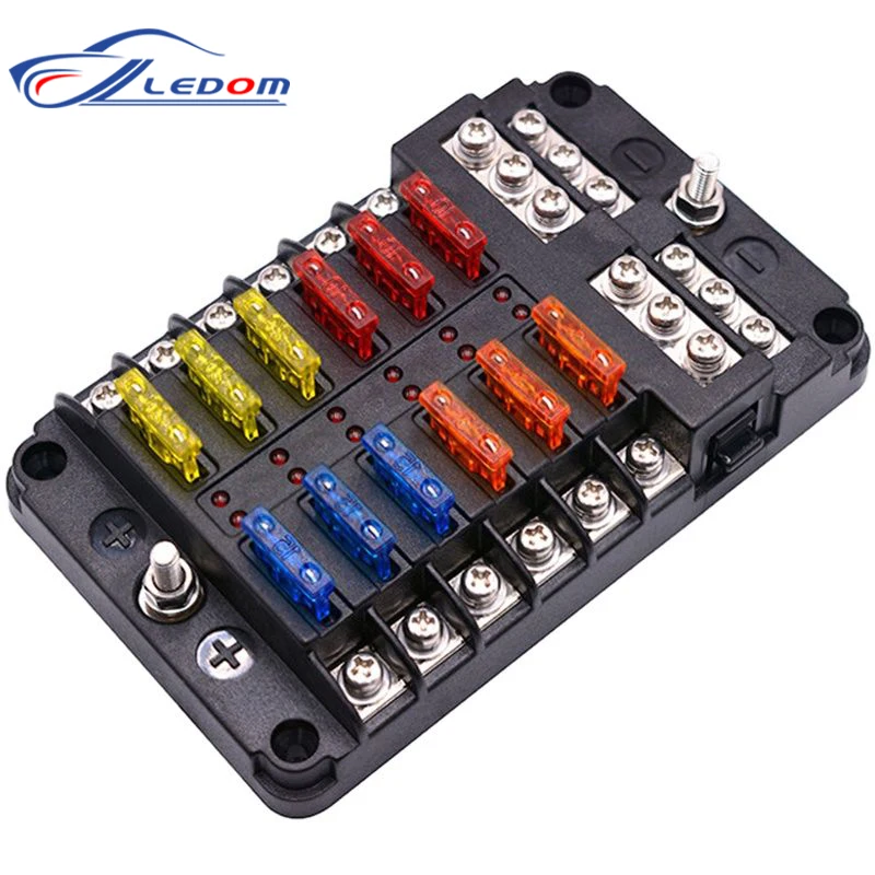 12V 32V Plastic Cover Fuse Box Holder M5 Stud With LED Indicator Light 6 Way 12 Ways Blade for Auto Car Boat Marine Trike