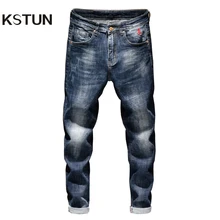 Джинсы для мужчин, облегающие, синие, тянущиеся, Осень-зима, джинсовые брюки-карандаш, модные джинсы с вышивкой, длинные брюки, мужская одежда