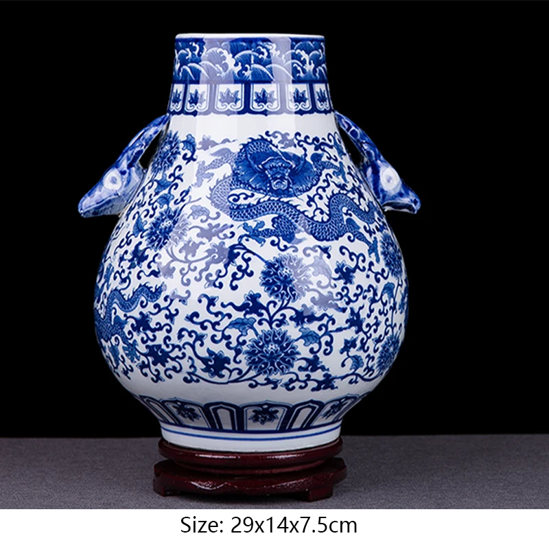 H 29x14x7cm 1 x Цзиндэчжэнь керамические вазы китайский бинауральная ваза дракон синий и белый жариньер для дома гостиной офиса - Цвет: H 29x14x7cm