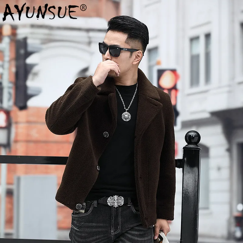 

AYUNSUE 2019 Autumn Winter Jacket Real Fur Coat Men Short Sheep Shearing Wool Coats and Jackets Man Korean Casual 9807 KJ3121