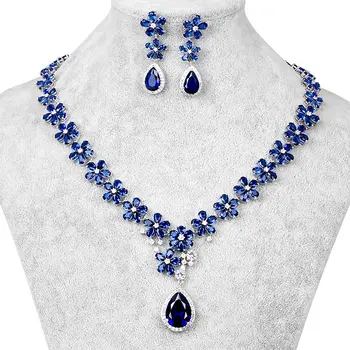 

TOP QUALITY AAA TEARDROP AND FLOWER CUBIC ZIRCONIA CZ WEDDING BRIDAL NECKLACE AND EARRING JEWELRY SET IN RED OR BLUE COLORS