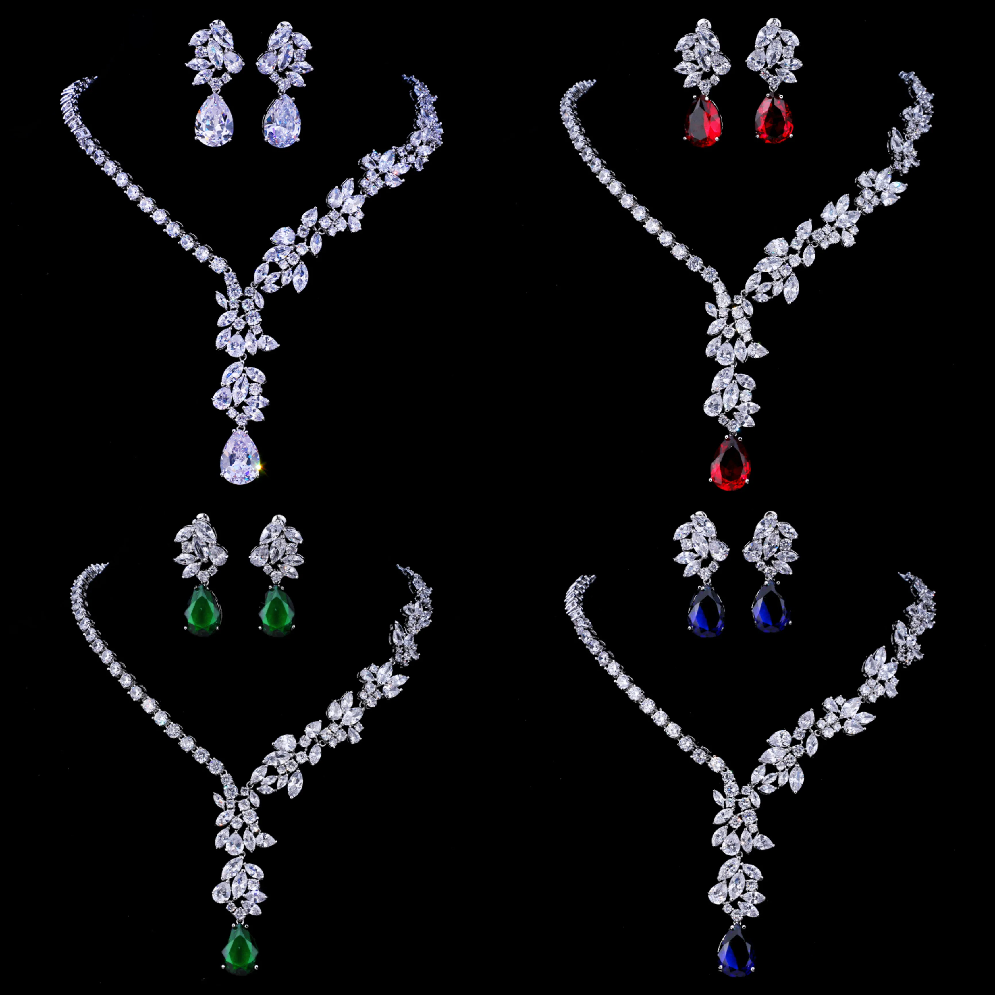 

AMC Luxury Crystal Flower Pendant Necklace And Earring Set AAA Cubic Zircon Bridal Wedding Red/Green Jewelry Set for Women Gift