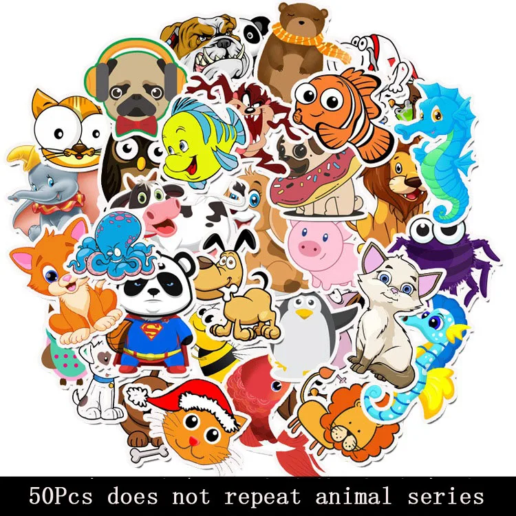 50Pcs 50Pcs VSCO cute cartoon animal series stickers waterproof removable personality suitcase graffiti stickers toys for children - Цвет: 50Pcs