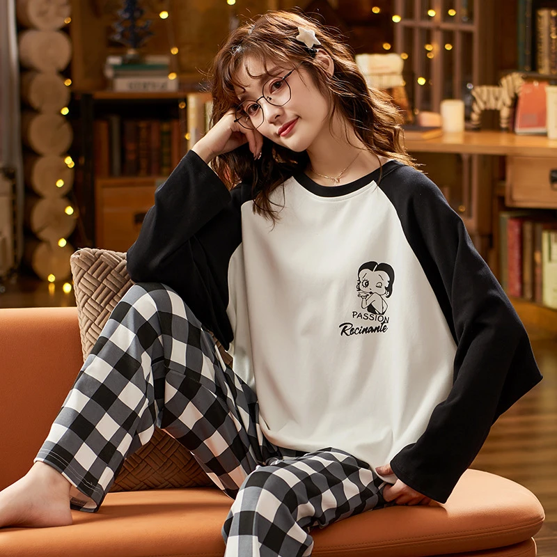 Conjunto de pijama Sexy con dibujos animados para mujer, ropa de dormir de  manga larga negra con cuello redondo cálido para invierno, moda coreana  para mujeres|Sets de pijamas| - AliExpress