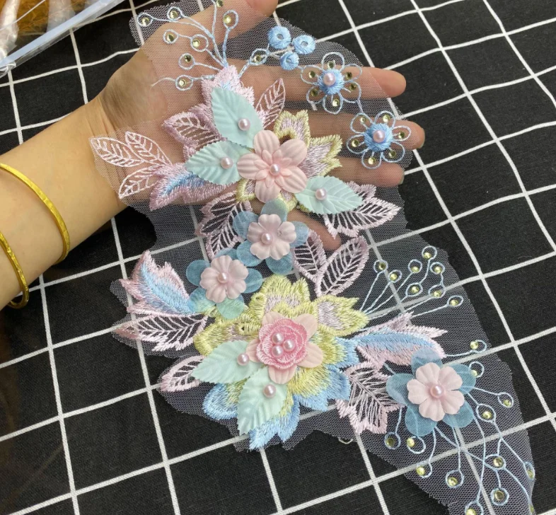 Lace Sewing Accessories Lace Sewing Supplies Clothing Craft Accessories Sewing Patches 1 Piece Colorful 3D Flower Embroidery Patches Bridal Lace Sewing Fabric Applique Beaded Tulle DIY Wedding Dress Patchwork