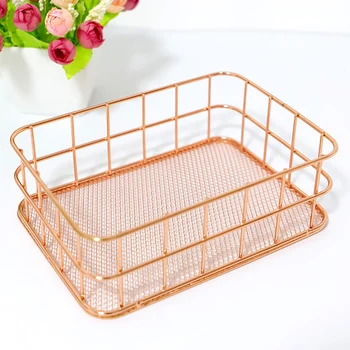 

Rose Gold Iron Art Nordic Makeup Organizer Basket Eyeliner Brush Set Storage Basket Dressing Table Makeup Cosmetic Organizer Box